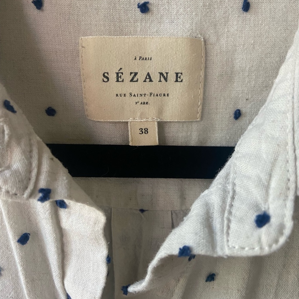 Sezane “The Tomboy” Shirt ecru and blue swiss dot size 38 ASO Meghan Markle